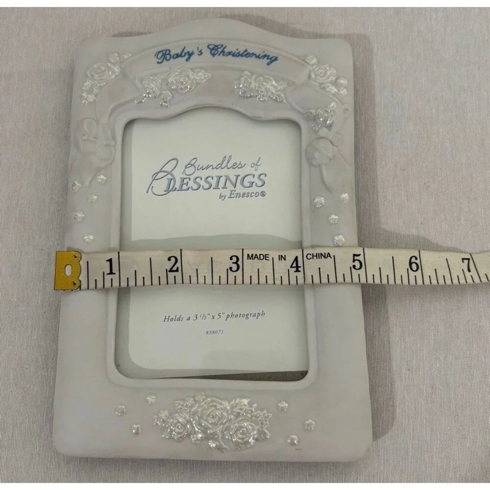Enesco Baby's Christening Picture Frame Ceramic Porcelain Floral Ribbon Keepsake